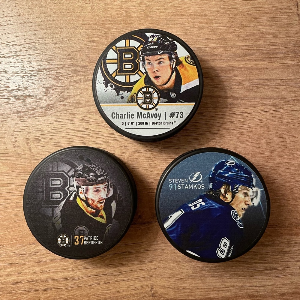 NHL Player Pucks- Patrice Bergeron, Charlie McAvoy, and Steven Stamkos